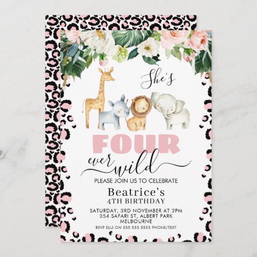 Invitation Cheetah rose Imprimer Quatre jamais Wild 4e annive (Devant / Derrière)