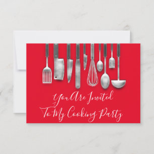 Invitation Chef de fête de cuisine Blanc Gris Rouge
