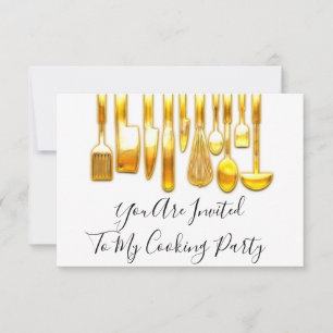Invitation Chef de fête de cuisine dorée blanche