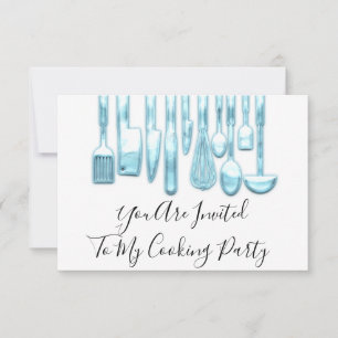 Invitation Chef de fête de cuisine dorée bleue et blanche