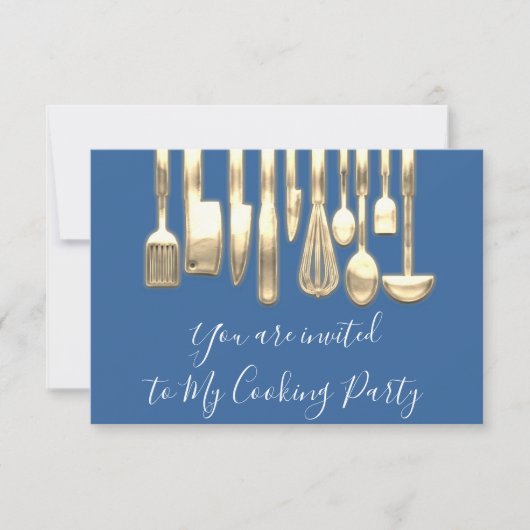 Invitation Chef de fête de cuisine dorée bleue or (Devant)