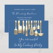 Invitation Chef de fête de cuisine dorée bleue or (Devant / Derrière)