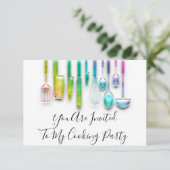 Invitation Chef de fête de cuisine dorée holographique arc-en (Debout devant)