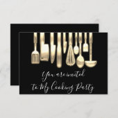 Invitation Chef de fête de cuisine dorée moderne noir (Devant / Derrière)