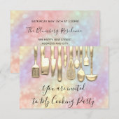 Invitation Chef de fête de cuisine holographique doré pour la (Devant / Derrière)