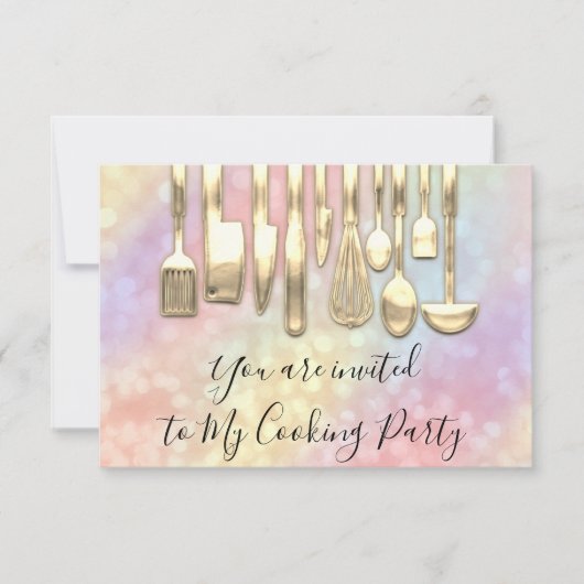 Invitation Chef de fête de cuisine holographique dorée (Devant)