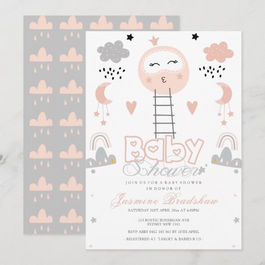 Invitation Chemin baby shower vers la lune rose (Devant / Derrière)