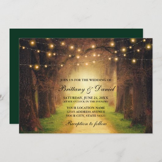 Invitation Chemin de la forêt rustique Lumières Mariage vert (Devant / Derrière)