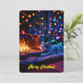 Invitation Cheminée cosy chat mignon Joyeux Noël (Debout devant)