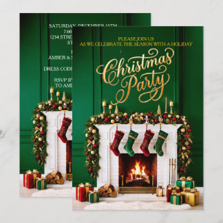 Invitation Cheminée de fête de Noël vert rouge or