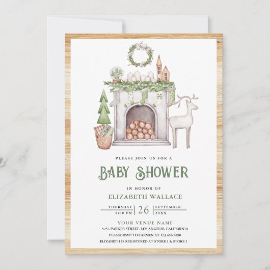 Invitation Cheminée de Noël Scandi QR Code Baby shower (Devant)