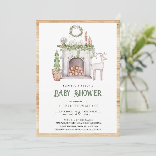 Invitation Cheminée de Noël Scandi QR Code Baby shower (Debout devant)