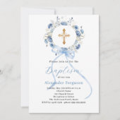 Invitation Chemise fleurie bleue garçon arc croix baptême (Devant)
