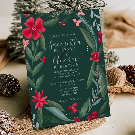 Invitation Chemise fleurie rouge motif mariage d'hiver