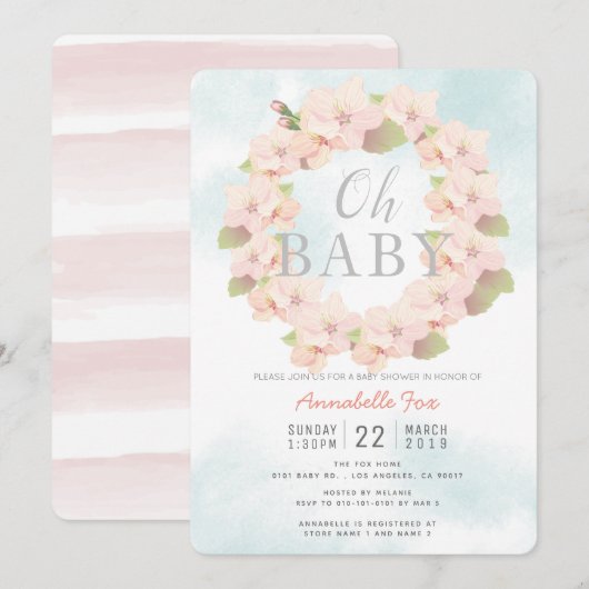 Invitation Chemise rose Fleur Wreath Oh Baby shower (Devant / Derrière)