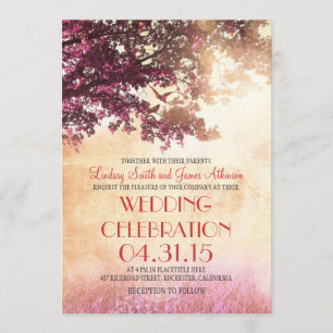 Invitation Chêne et inséparables roses de corail épousant des