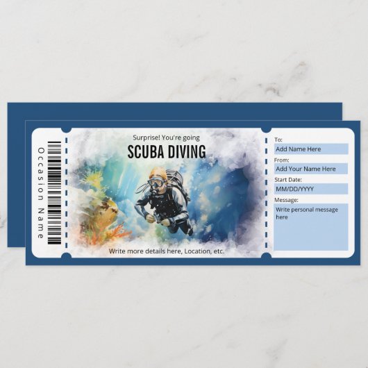 Invitation Chèque cadeau Surprise plongée sous-marine (Devant / Derrière)