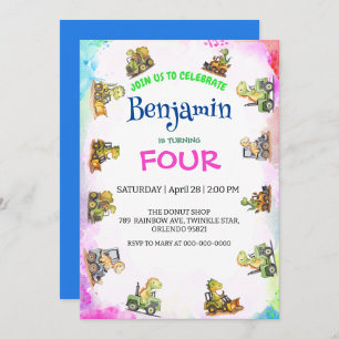 Invitation Cher Dinosaure tracteur Rainbow B2S School Anniver