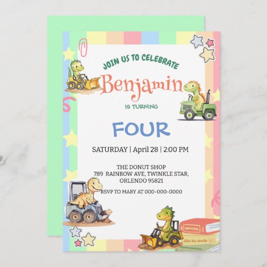 Invitation Cher Dinosaure tracteur Rainbow B2S School Anniver (Devant / Derrière)