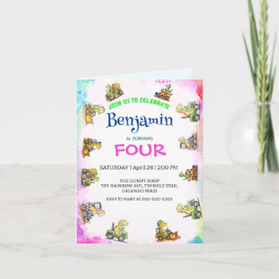 Invitation Cher Dinosaure tracteur Rainbow B2S School Anniver