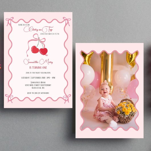 Invitation Chercher sur le dessus Pink Bow 1er Anniversaire P