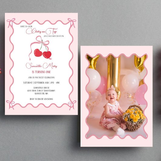Invitation Chercher sur le dessus Pink Bow 1er Anniversaire P