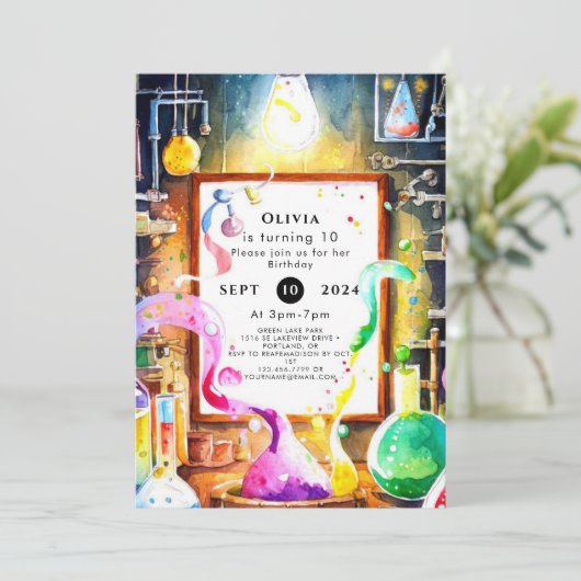 Invitation Chercheur en chimie pour enfants enchanté Annivers (Debout devant)