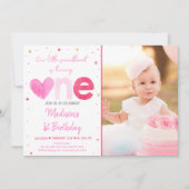 Invitation Chérie Coeurs d'or rose Premier anniversaire (Devant)