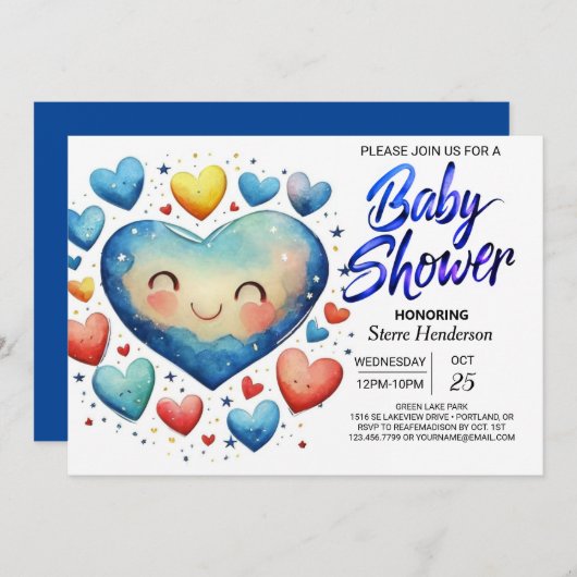 Invitation Chérie Petits Coeurs Élégant Baby shower Garçon (Devant / Derrière)