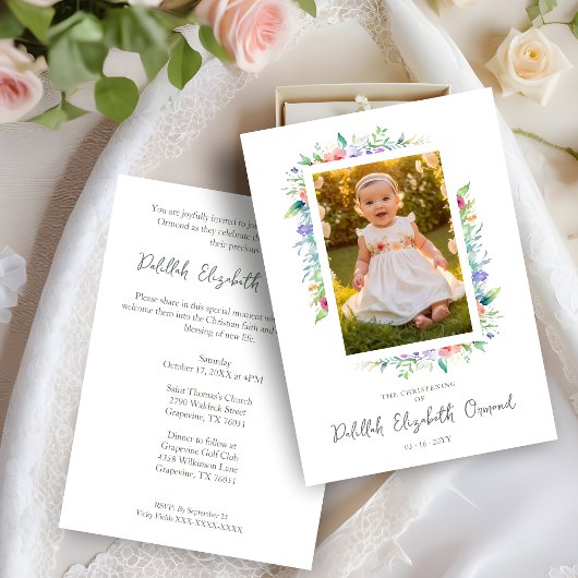 Invitation Cherish Cute Floral Frame Christening Photo 