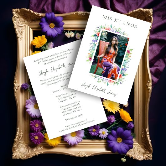 Invitation Cherish Cute Floral Frame Quinceañera Photo