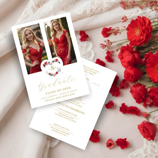 Invitation Cherish  Floral Heart Initials Graduate 2 Photos