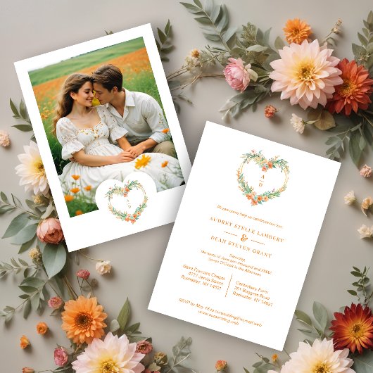 Invitation Cherish Orange & Green Floral Heart Wreath Wedding