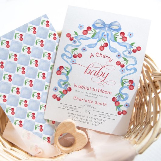 Invitation Cherry Baby est sur le point de Bloom Blue Bow bab