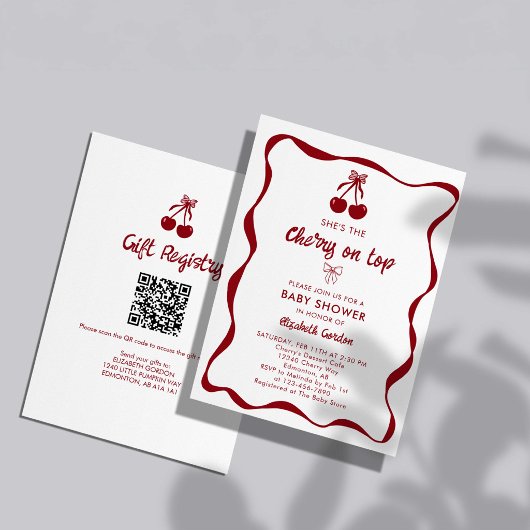 Invitation Cherry Baby Shower 2-sided QR Code Registry Sweet