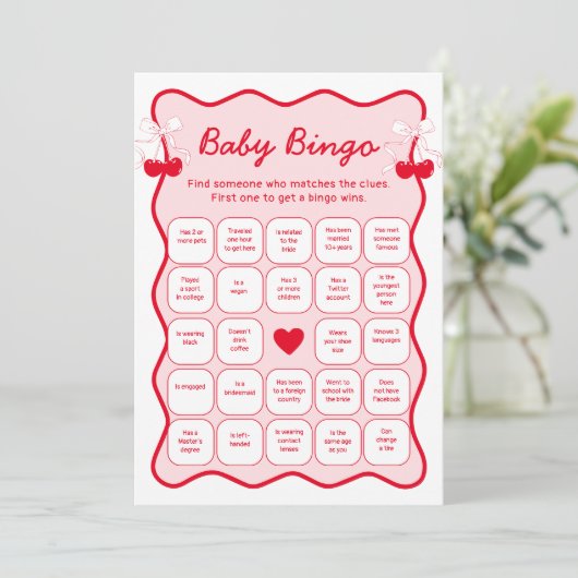 Invitation Cherry Baby Shower Find the Guest Bingo Game Card (Debout devant)