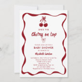 Invitation Cherry Baby Shower Sweet Pink Stripes Cute Bow (Devant)