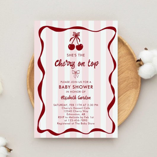 Invitation Cherry Baby Shower Sweet Pink Stripes Cute Bow