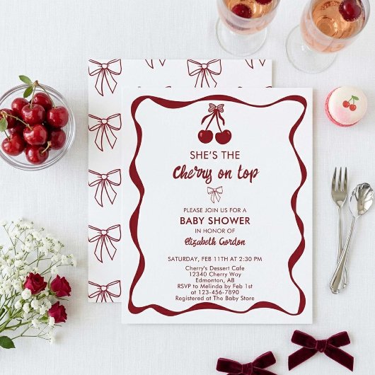 Invitation Cherry Baby Shower Sweet Pink Stripes Cute Bow