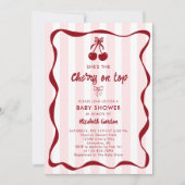 Invitation Cherry Baby Shower Sweet Pink Stripes Cute Bow (Devant)