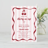 Invitation Cherry Baby Shower Sweet Pink Stripes Cute Bow (Debout devant)