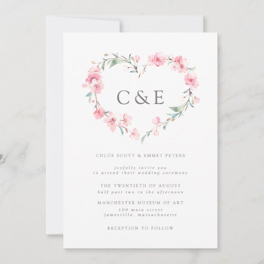 Invitation Cherry Blossom Botanical Heart Monogram Mariage (Devant)