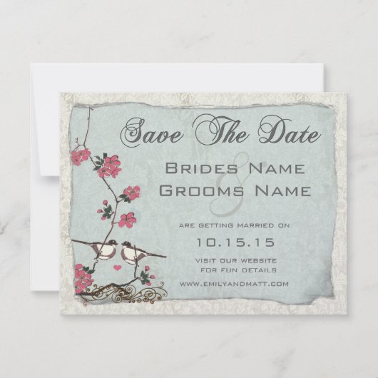 Invitation Cherry Blossom Chickadee Damask Enregistrer la dat (Devant)