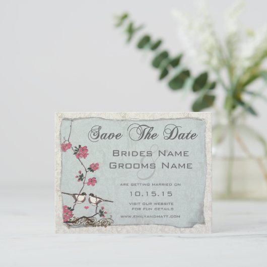 Invitation Cherry Blossom Chickadee Damask Enregistrer la dat (Debout devant)