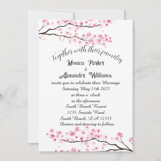 Invitation Cherry Blossom Japonais Sakura Mariage rose (Devant)