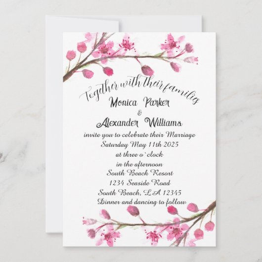 Invitation Cherry Blossom Japonais Sakura Mariage rose (Devant)