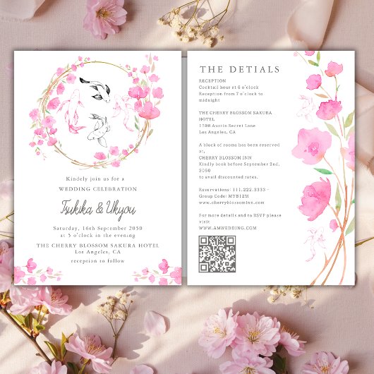 Invitation Cherry Blossom Koi Fish QR Code All In One Wedding