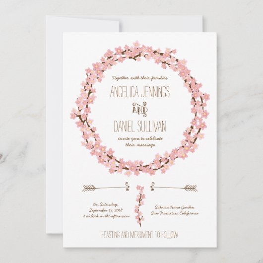 Invitation Cherry Blossom Wreath Boho Mariage rustique (Devant)