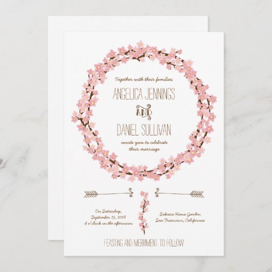 Invitation Cherry Blossom Wreath Boho Mariage rustique (Devant / Derrière)