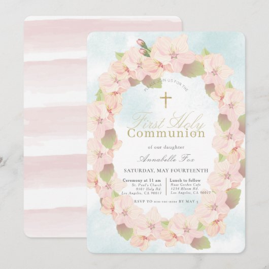 Invitation Cherry Blossom Wreath Girl First Holy Communion (Devant / Derrière)